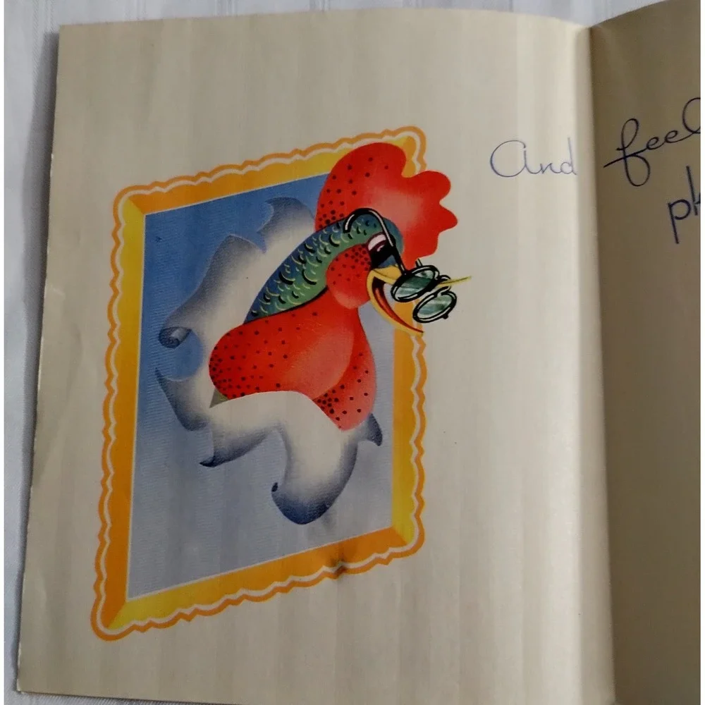 Vintage Gibson Rooster Get Well Card Real Feather Fine Linen Signed T 2201 USA